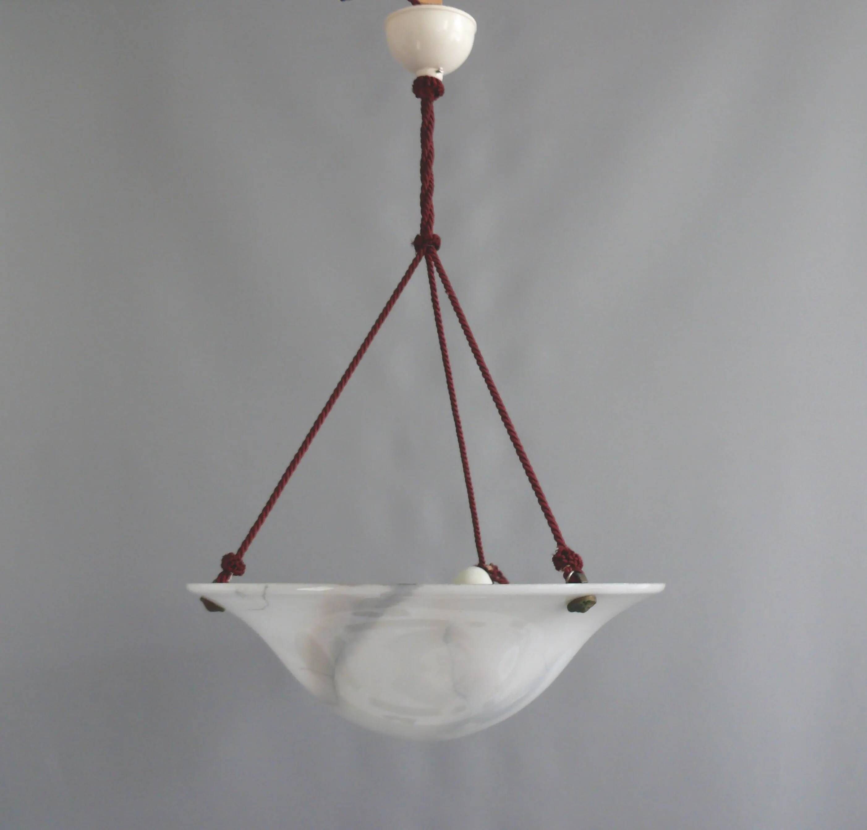 Large Art Deco marbled glass pendant light with rope suspension, 1940s-1960s