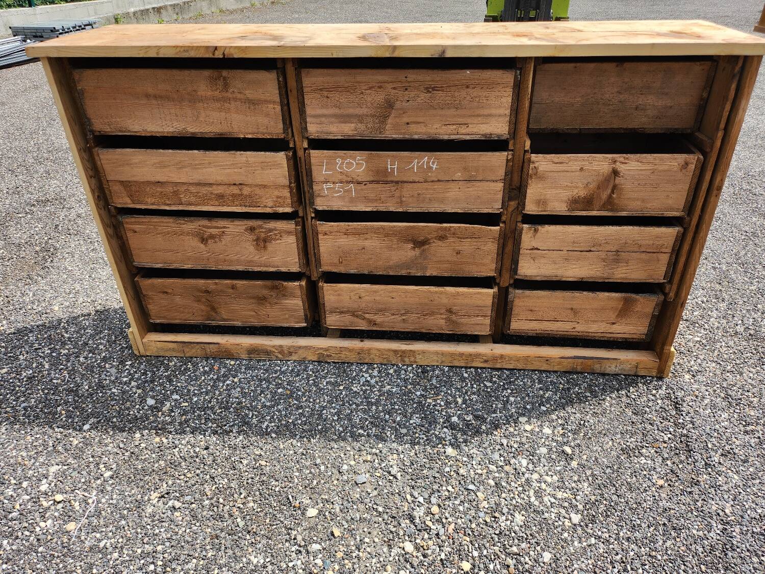 Antique fir wood workshop cabinet with drawers