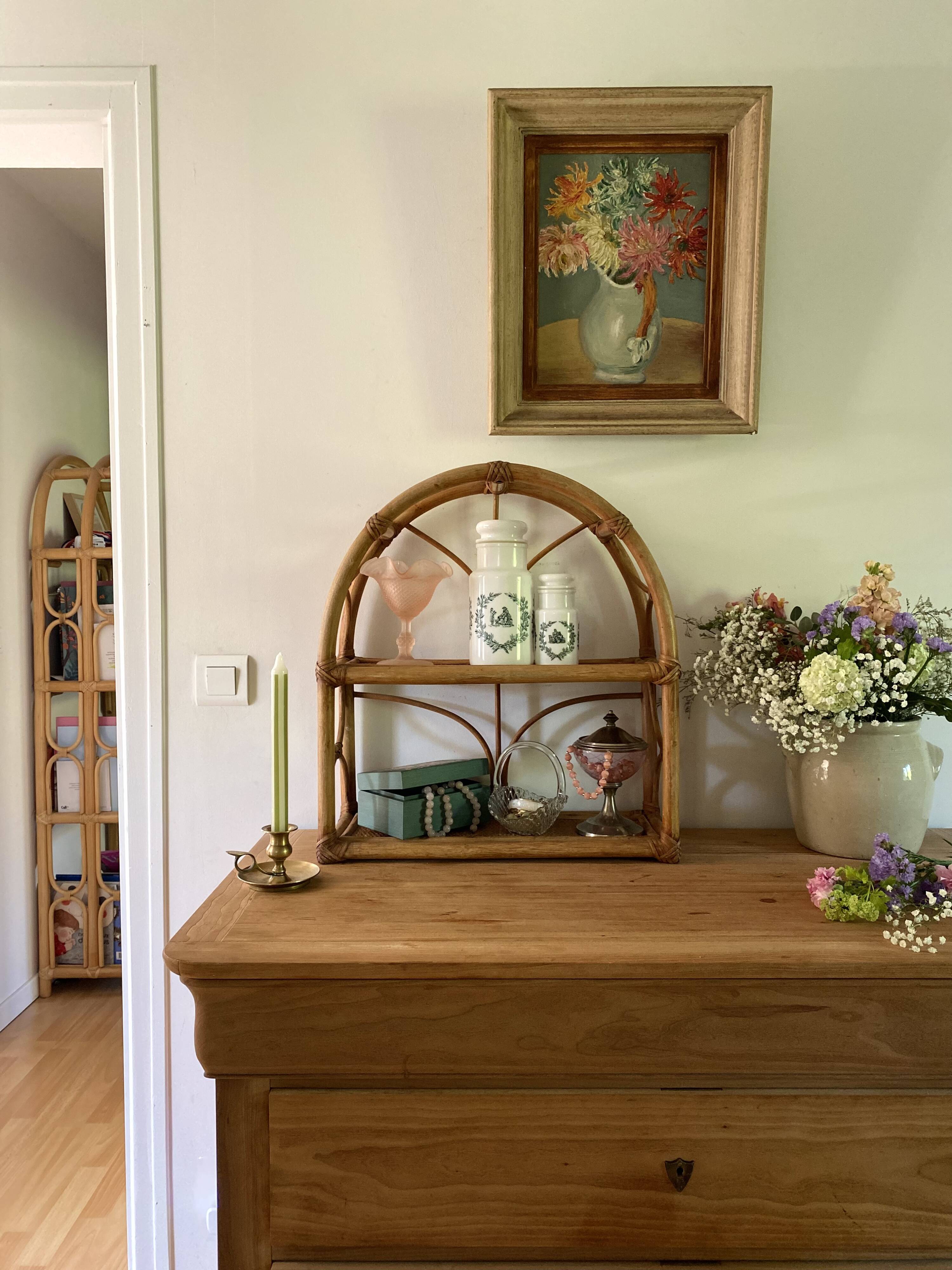 Étagère "Arche" en Rotin & Cannage – Vintage 1970