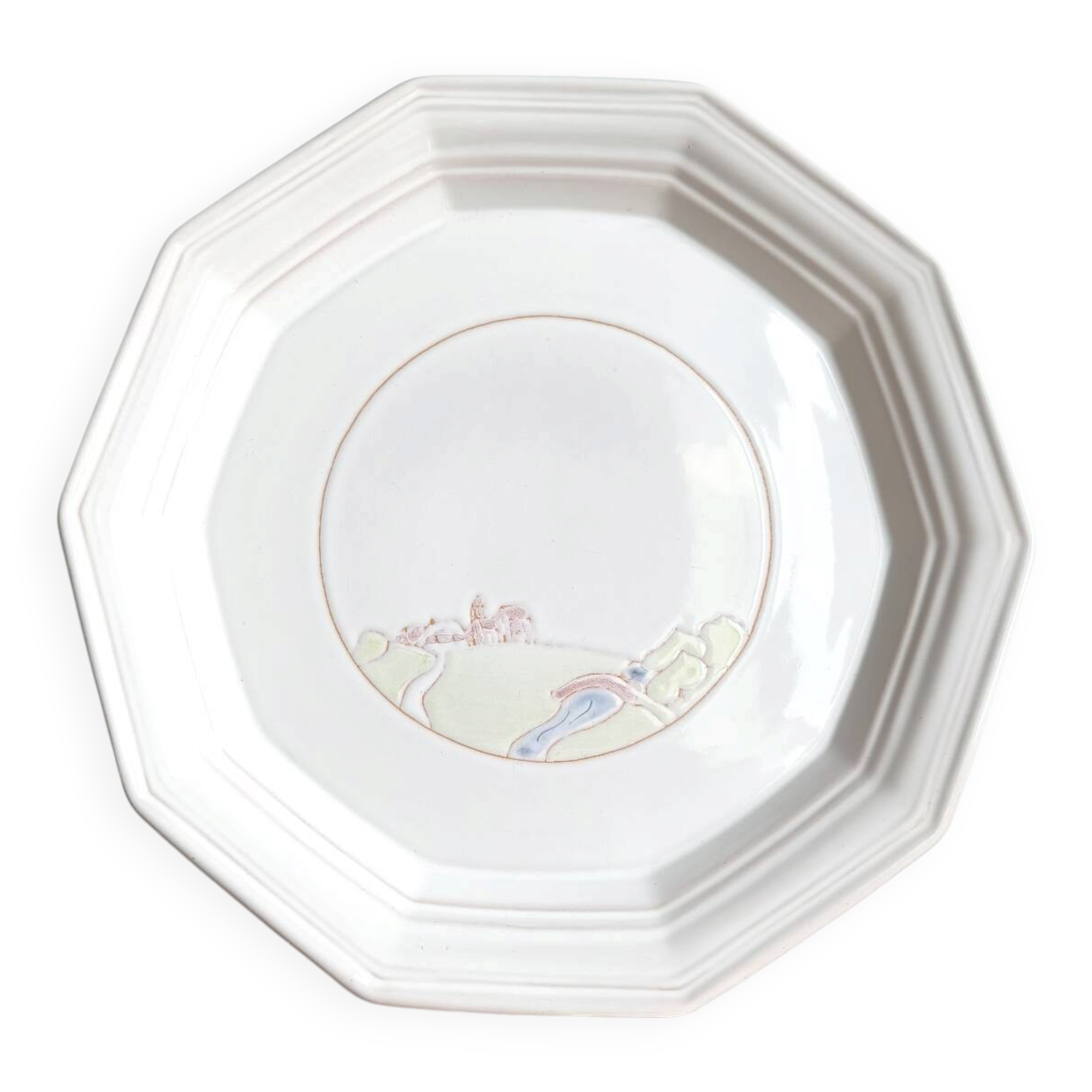 Plat rond vintage Niderviller blanc décor champêtre