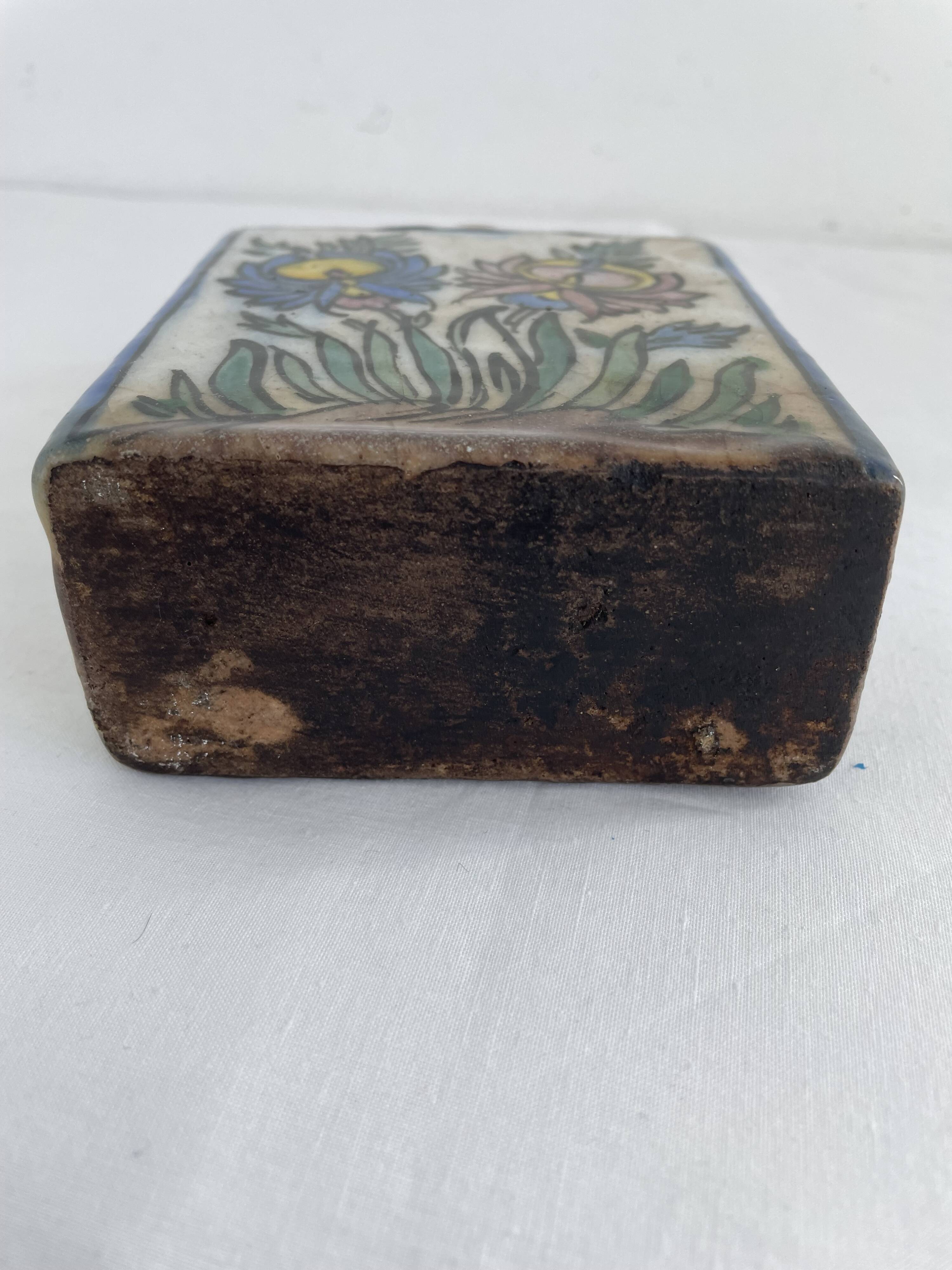 Persian bottle, antique vase with polychrome flower decoration, Kagjar style, antique ceramic