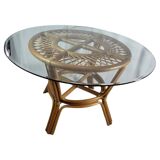Table with rattan legs and glass top, 1970