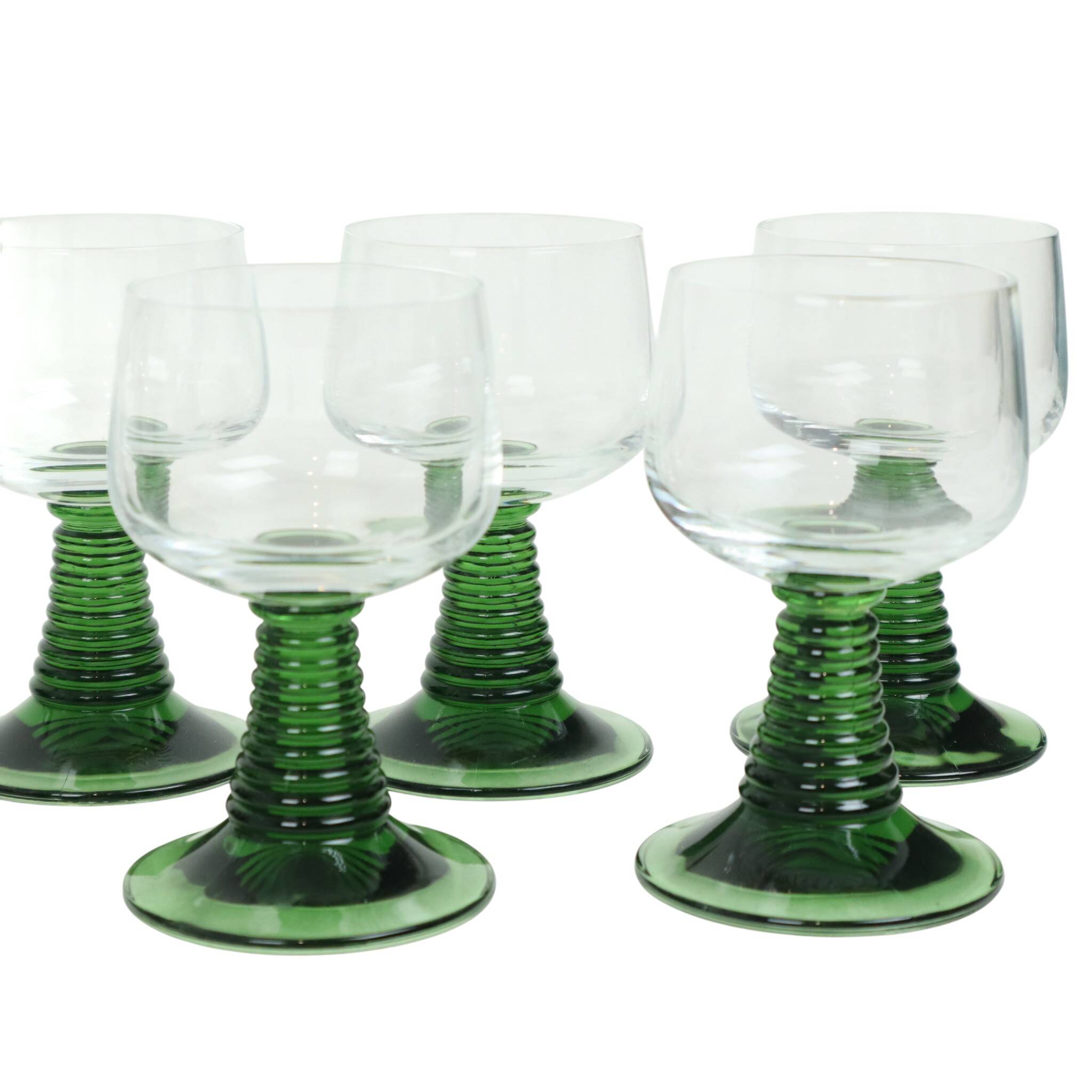 Set of 10 Vintage Roemer Wine Glasses Green Ribbed Foot
