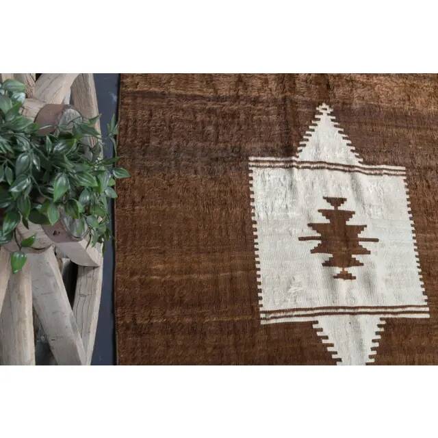 Vintage Turkish Hand-Knotted Wool Cotton Brown Kilim Area Rug 148x198