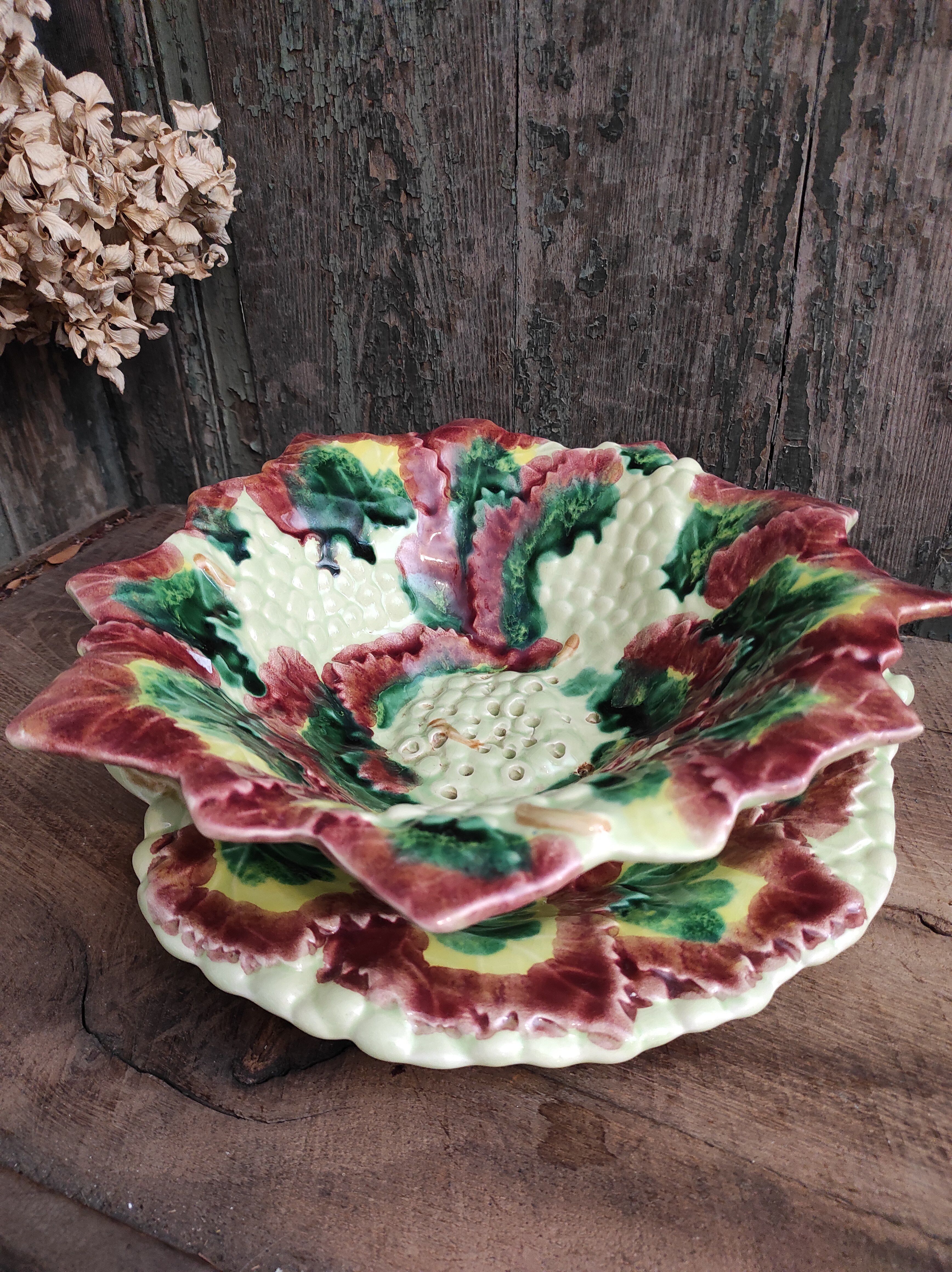 Vintage french majolica serving bowl for grapes