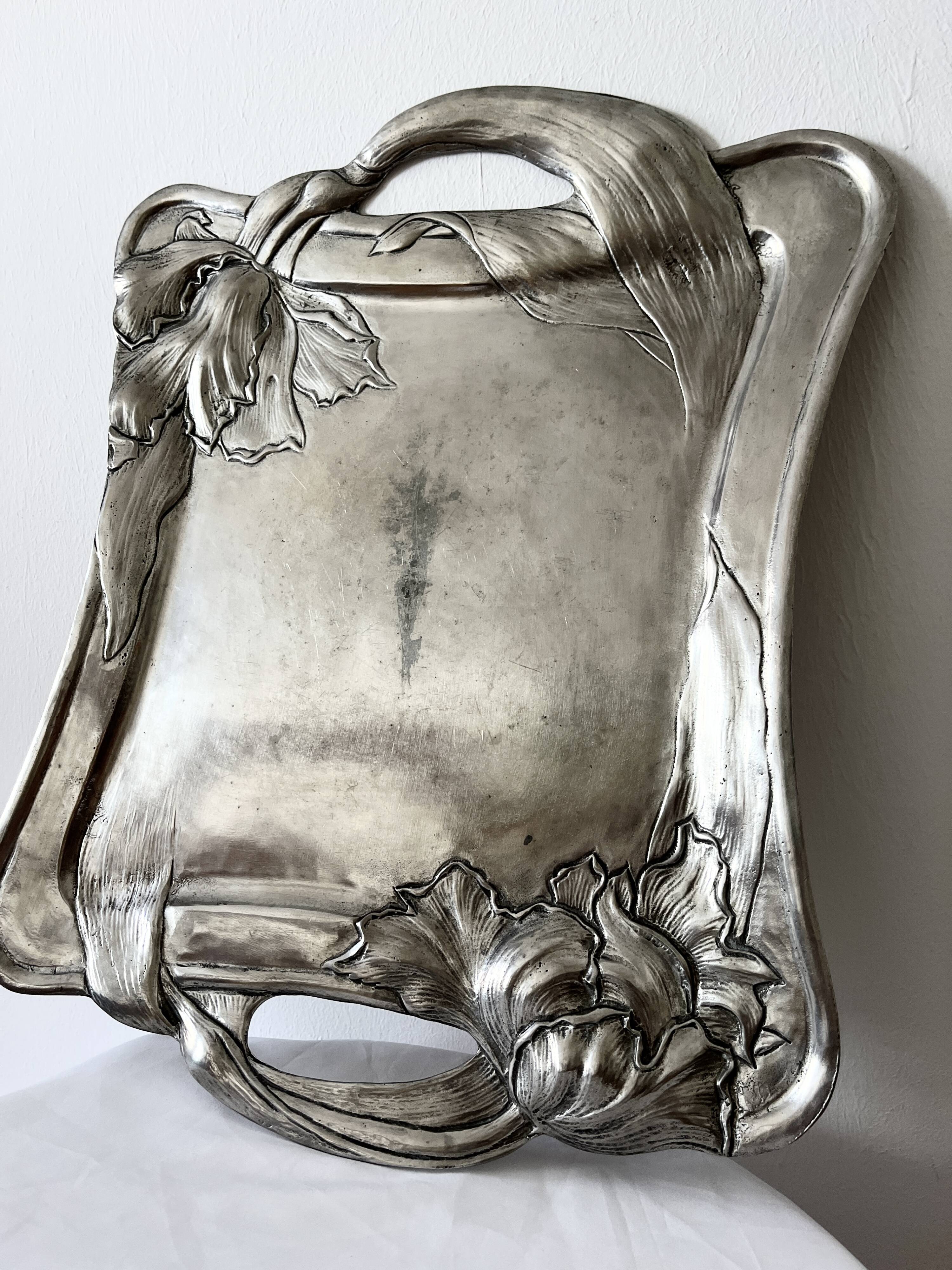 Antique Art Nouveau Pewter Tray, Tulip Design Serving Tray,  France, 1980s