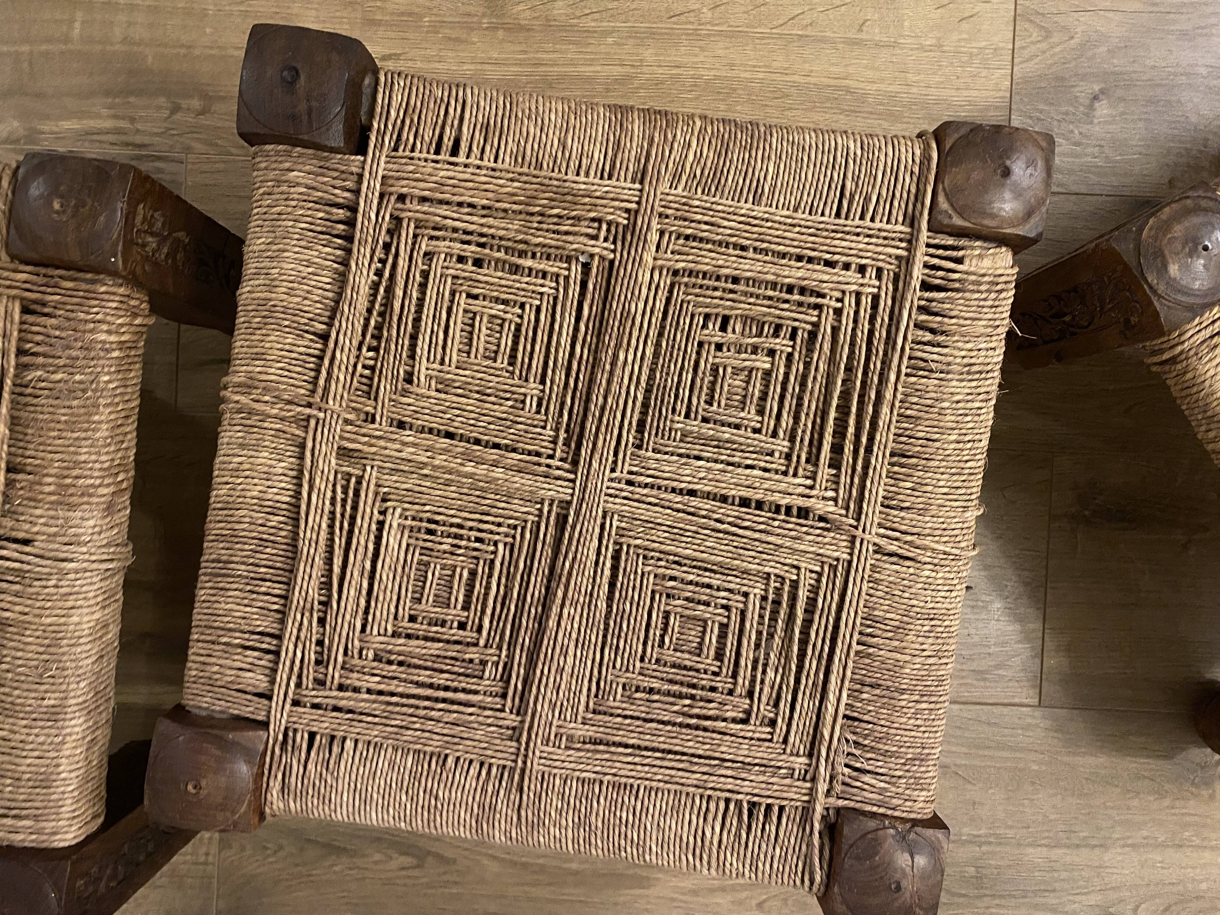 3 wooden and rope charpoy stools