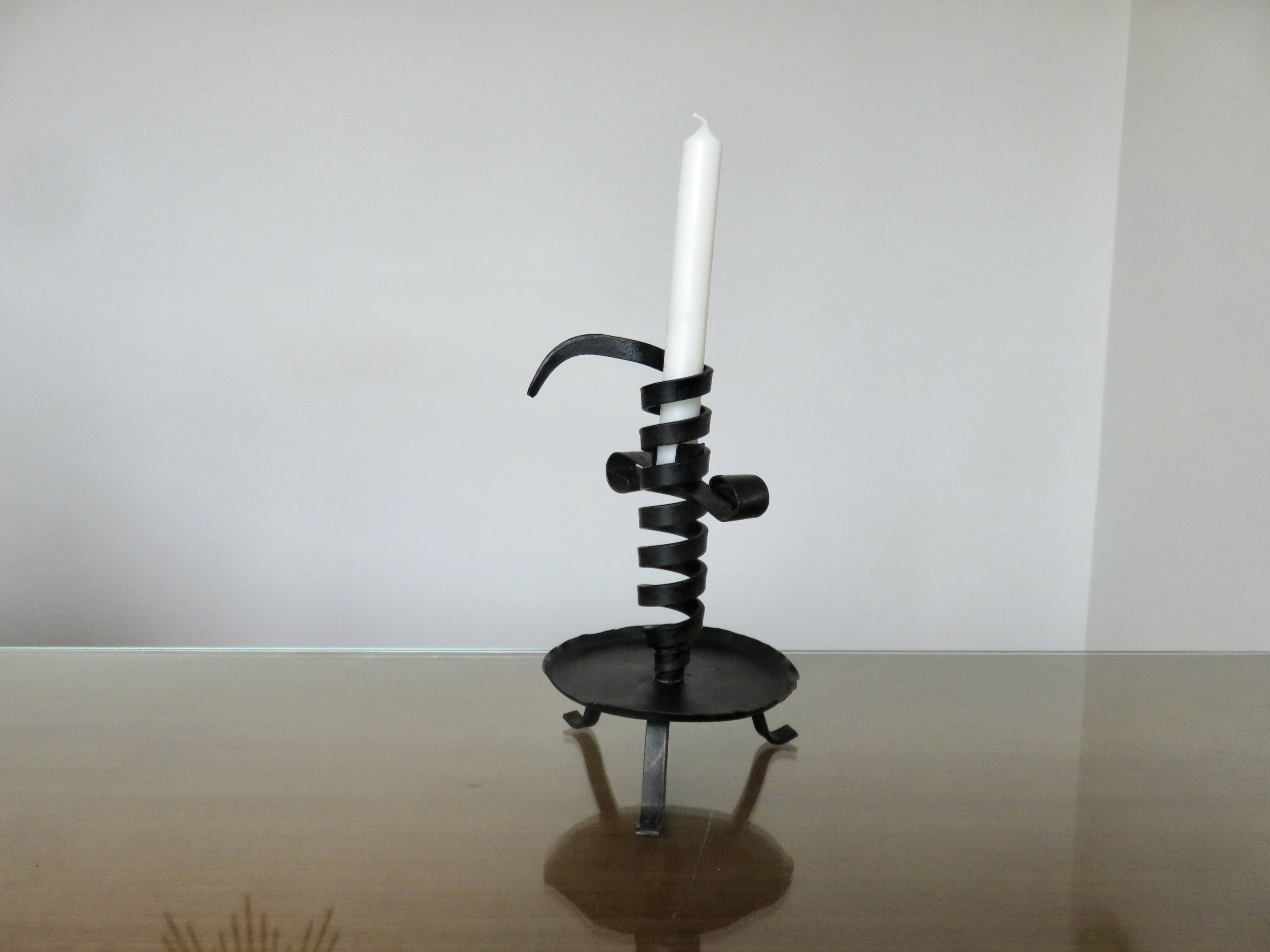 Medieval candlestick, blackened wrought and hammered iron, very good condition