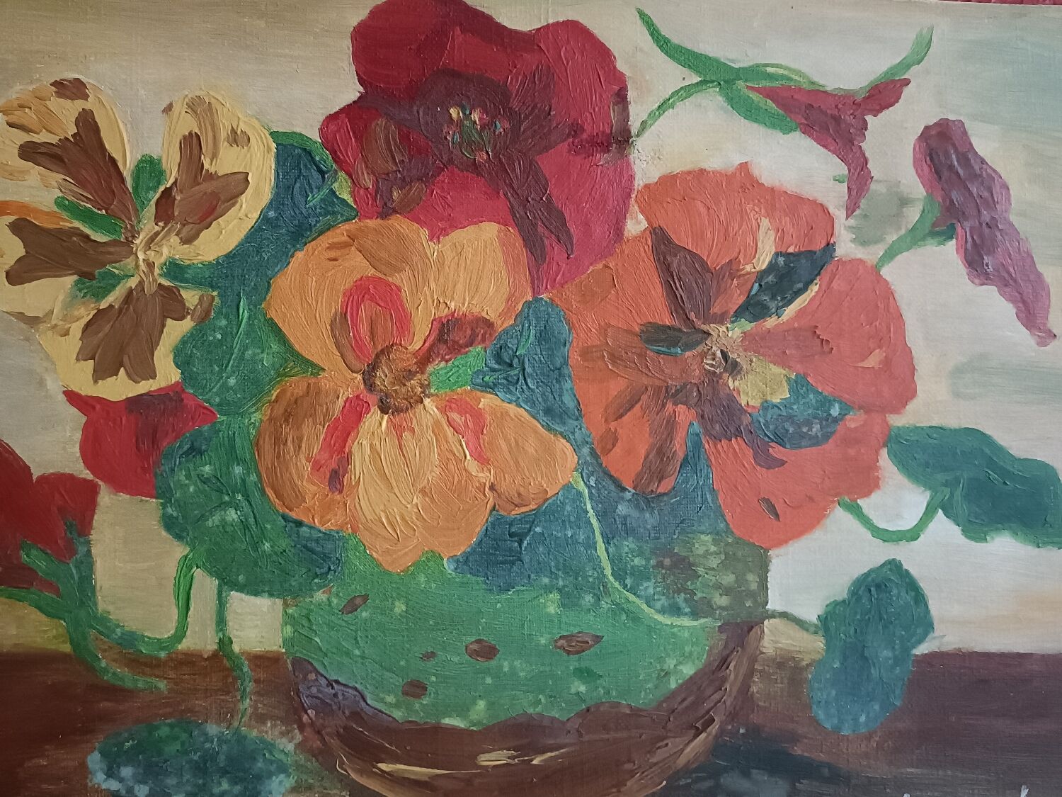 Canvas, cloth, bouquet of flowers, signature