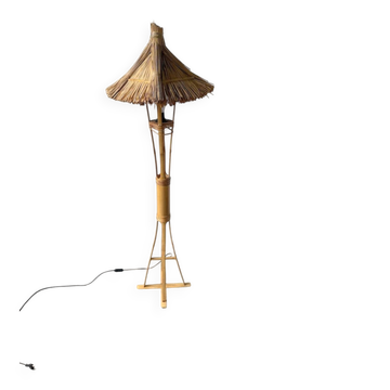 Lampadaire en bambou et paille 1980