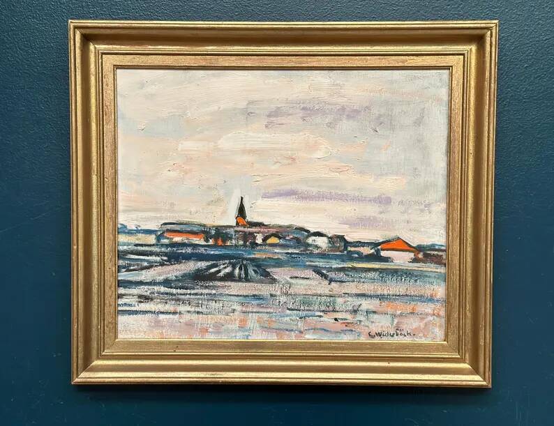 Original Swedish Oil on Panel – "Uppsala" by Gusten Widerbäck – Signed – Dated 1965 (on the back) – Framed – 38 × 43 cm
