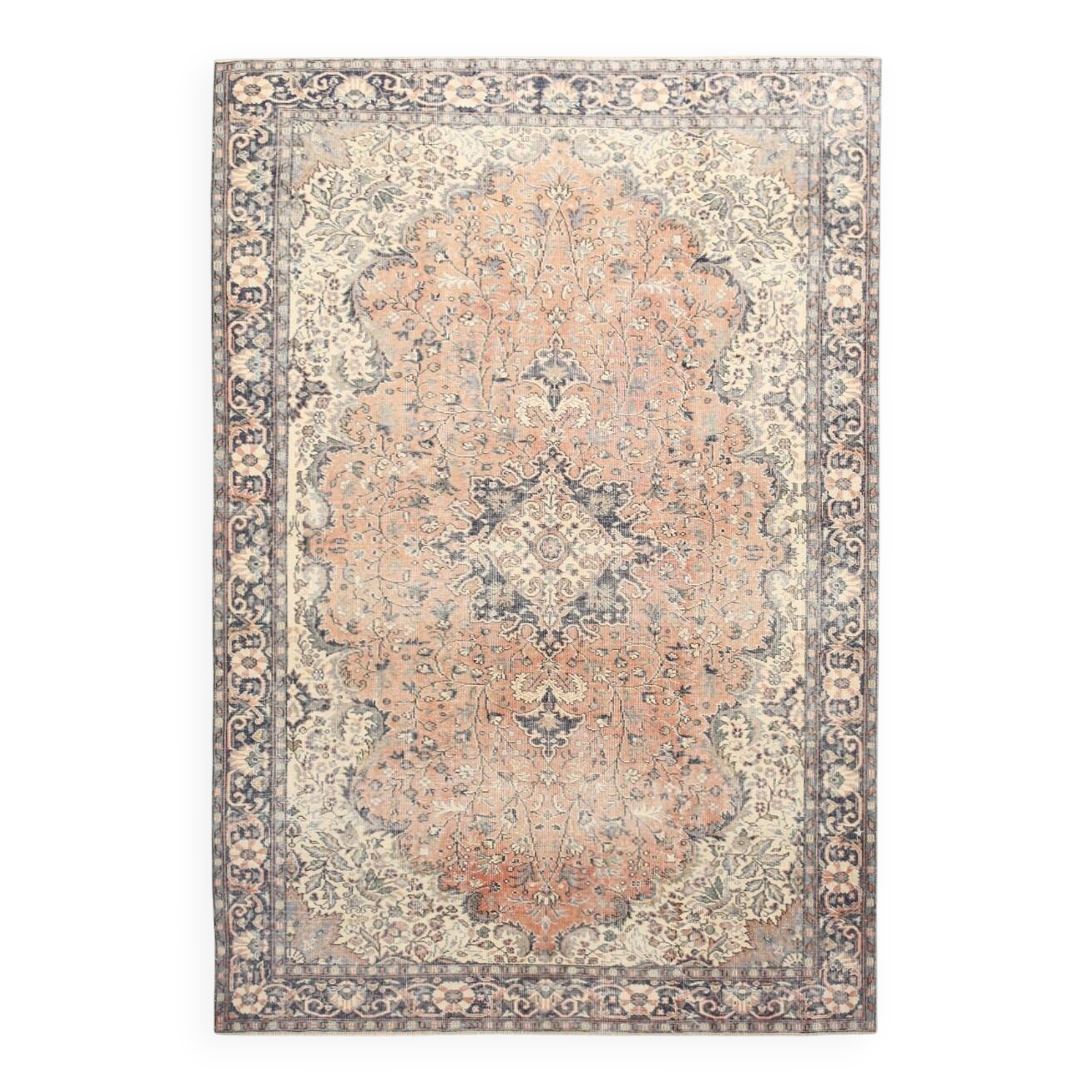 Vintage Turkish rug in red and beige with floral medallion, 199 × 288 cm