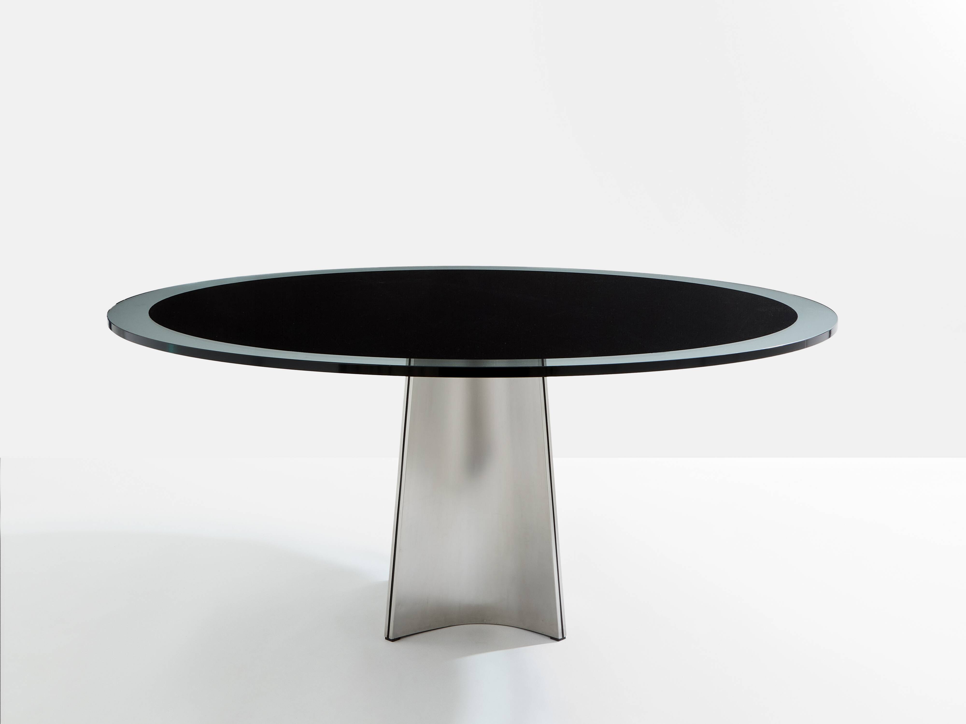 Table by Luigi Saccardo for Maison Jansen brushed steel black glass 1970