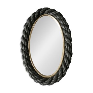 Miroir ovale en corde noire et liseré doré, années 60