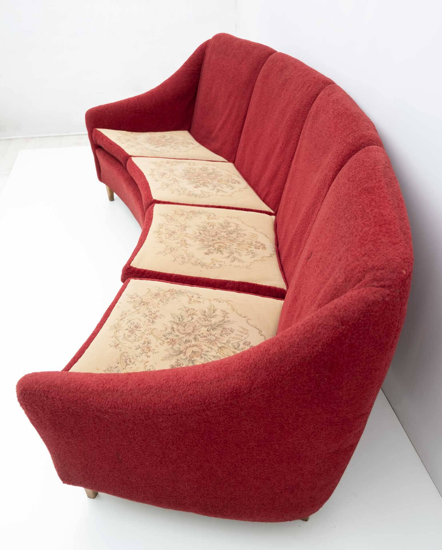 Mid-Century Modern Italian Velvet four Seater Curved Sofa, 1950s