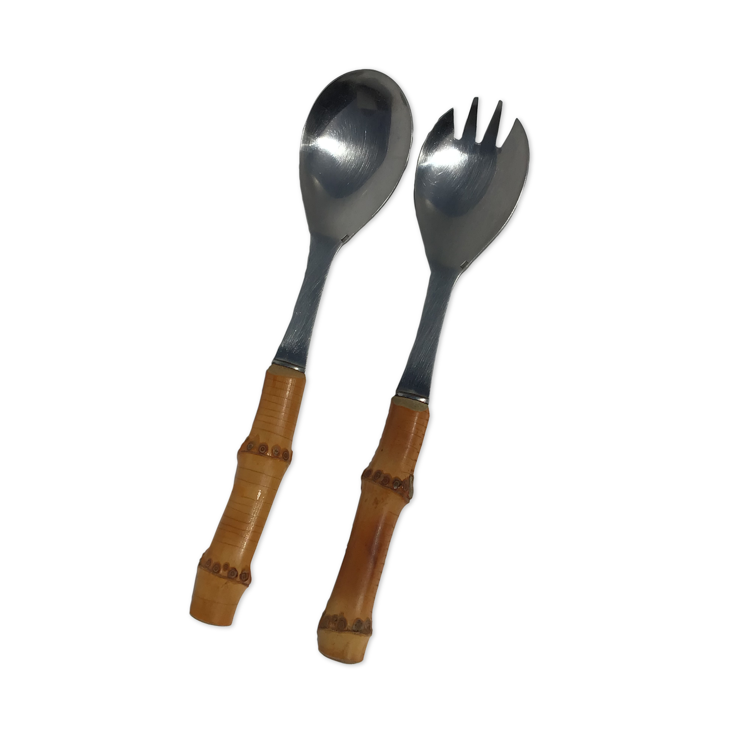 Salad cutlery in natural bamboo and stainless steel 70's