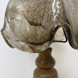 Vintage brutalist glass table lamp with solid oak wooden base , 1970s