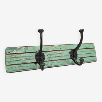 Solid teak coat hook with 2 double cast iron hooks