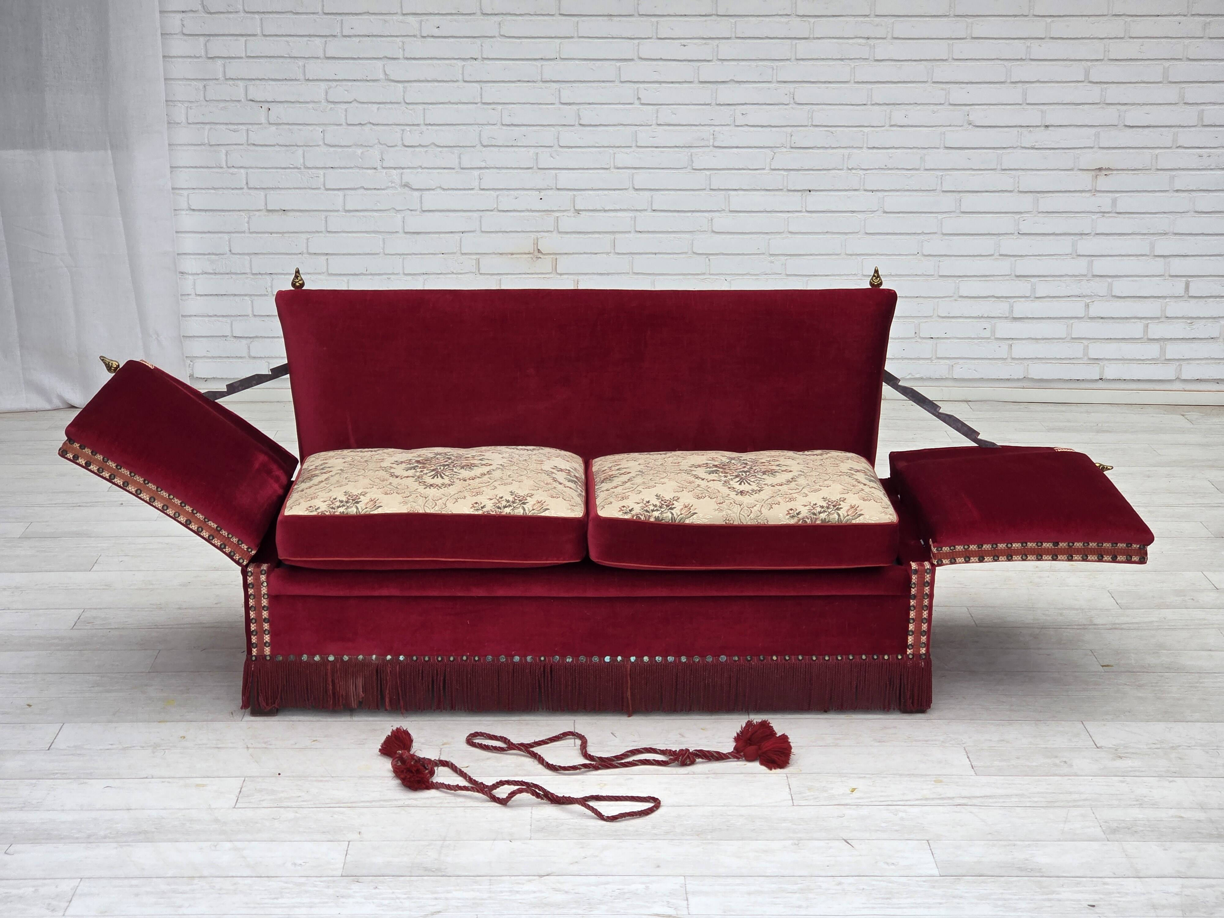 1970s, Danish "Spanish" sofa, furniture velour, ash wood legs.
