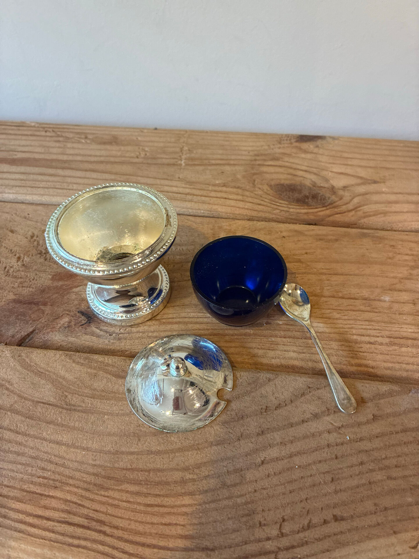 Vintage silver-plated table service duo – Mustard pot with spoon