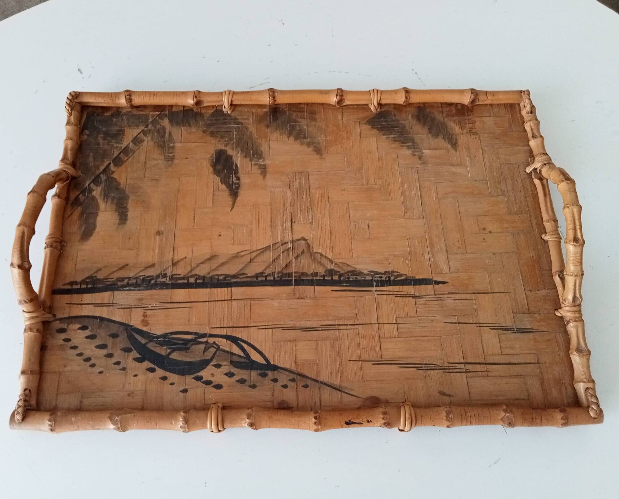 Vintage serving dish in bamboo and rattan Diamond Head Hawaii Tiki 60's