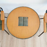 Pair of armchairs and vintage coffee table straw, wood and metal