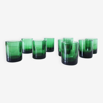 Set of 9 green blown glass water glasses