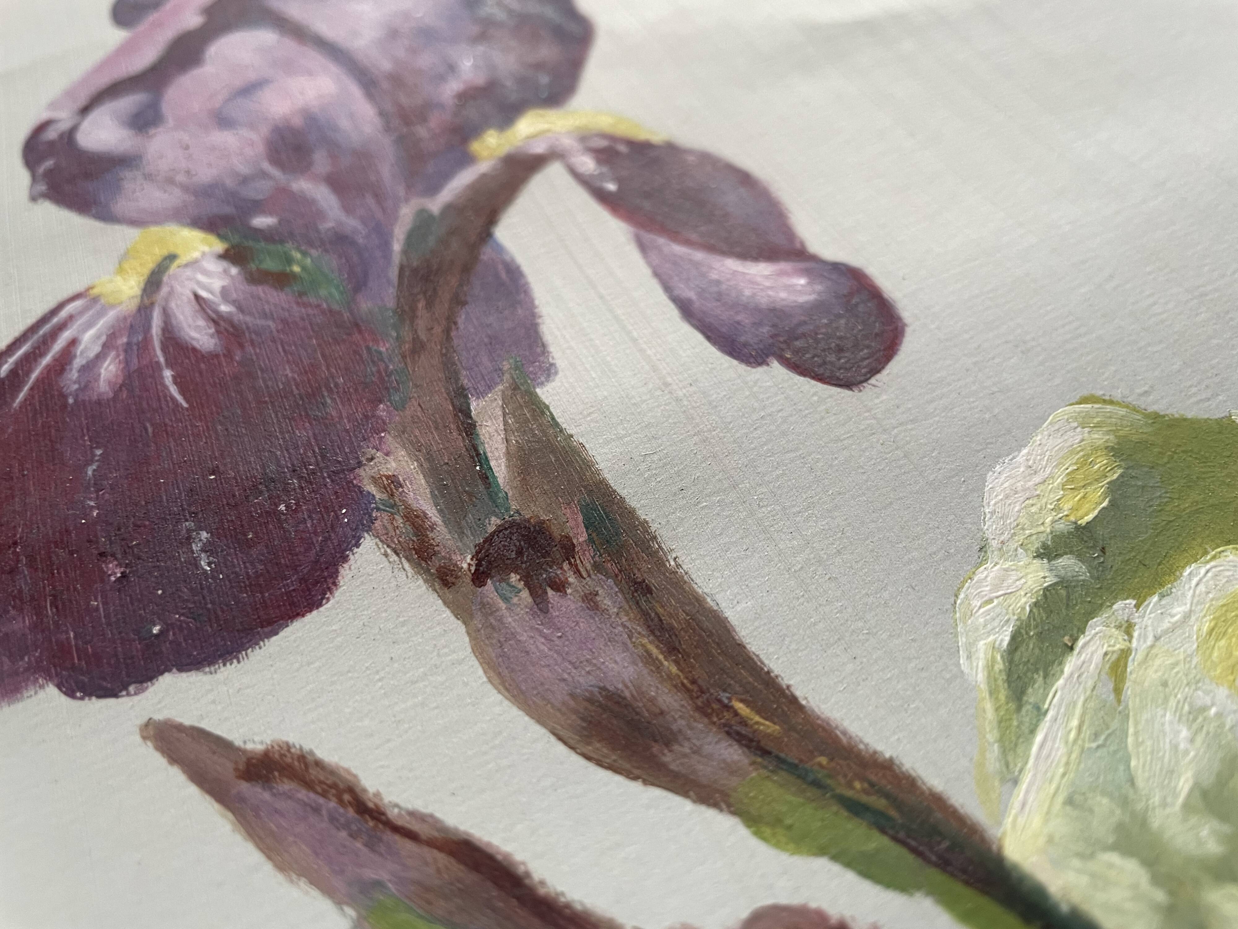 Old oil painting on paper – Bouquet of irises – Framed