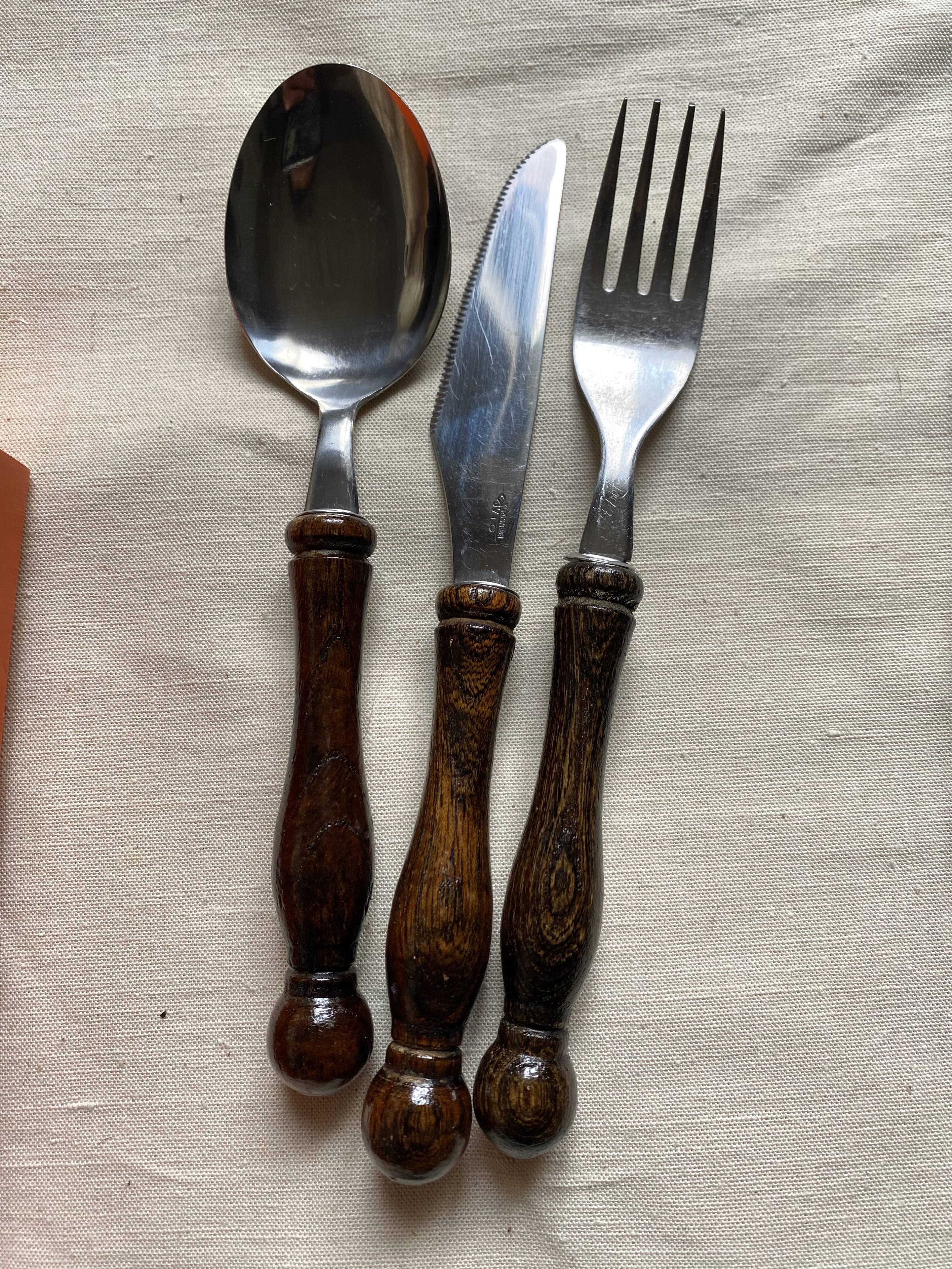 36-piece cutlery set with wooden and stainless steel handles, 1970s