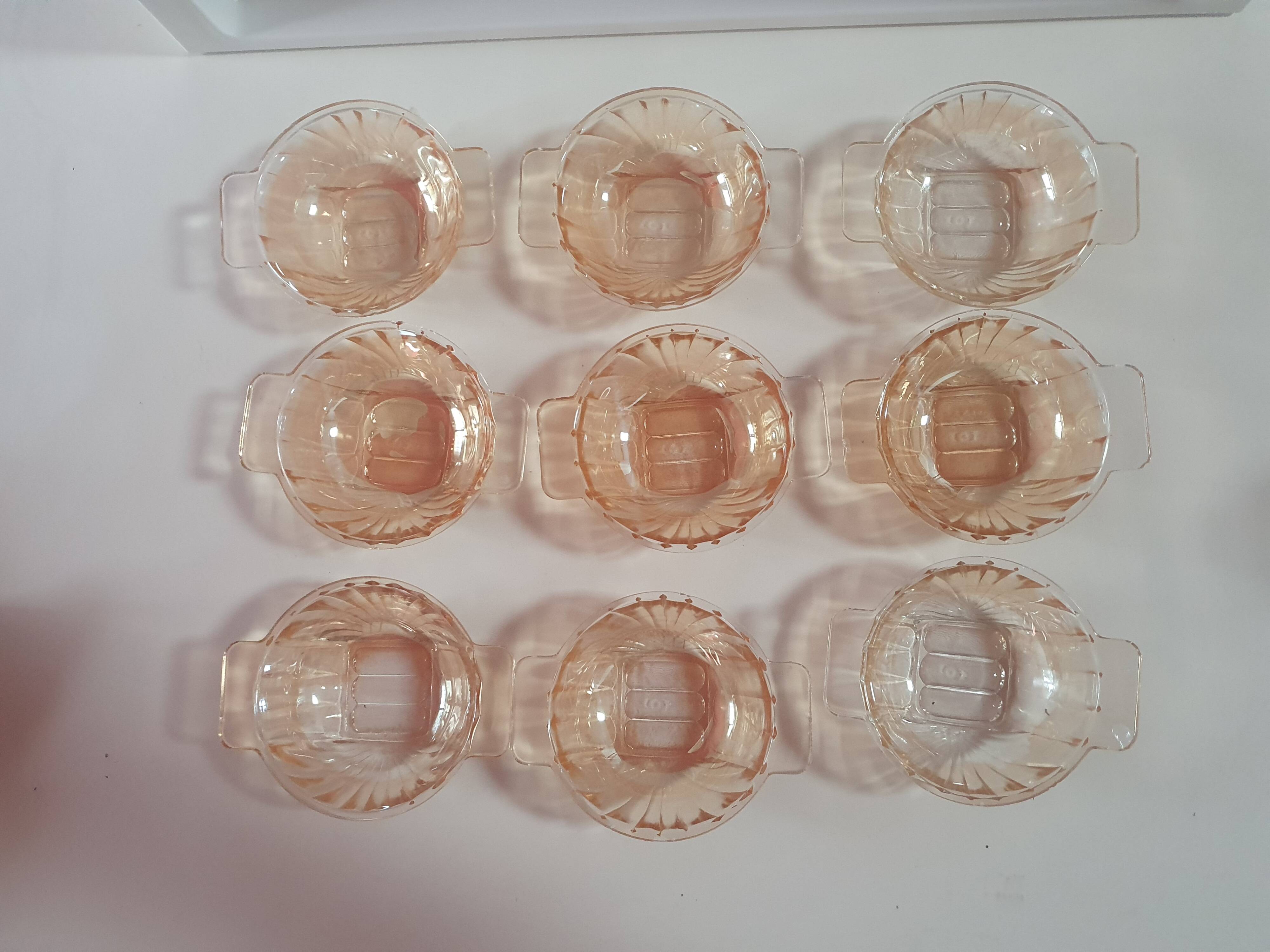 Set of 9 vintage amber glass bowl ramekins with handles