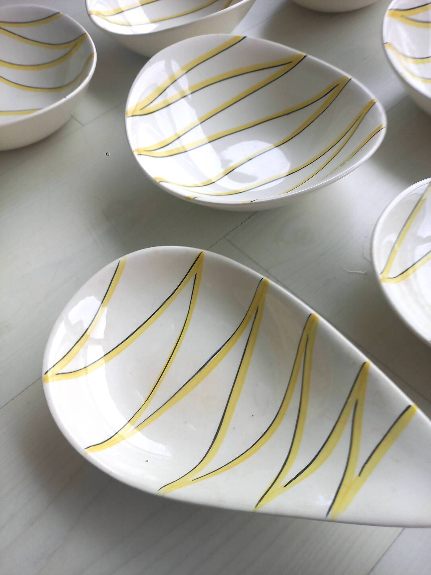 1950 SALINS service Aurore model yellow and black striped soup plates dish ravier