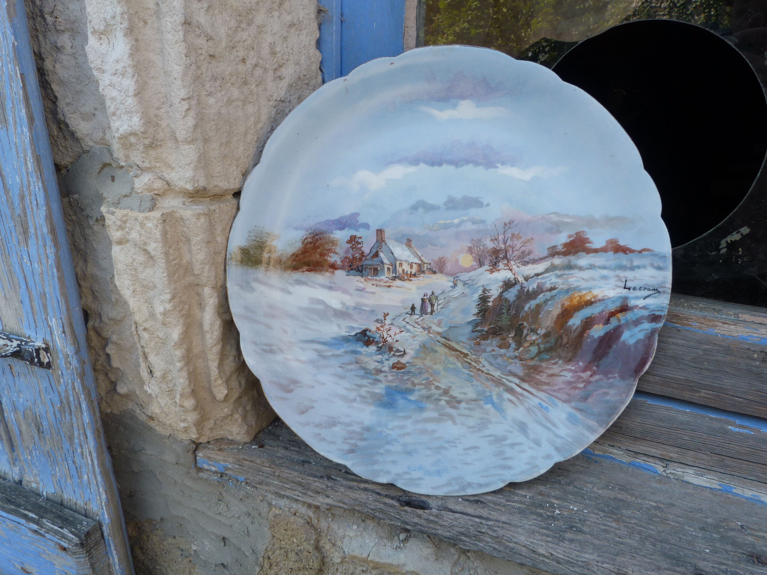 Antique porcelain dish from Limoges JEAN POUYAT hand-painted signed Lecram landscape Countryside