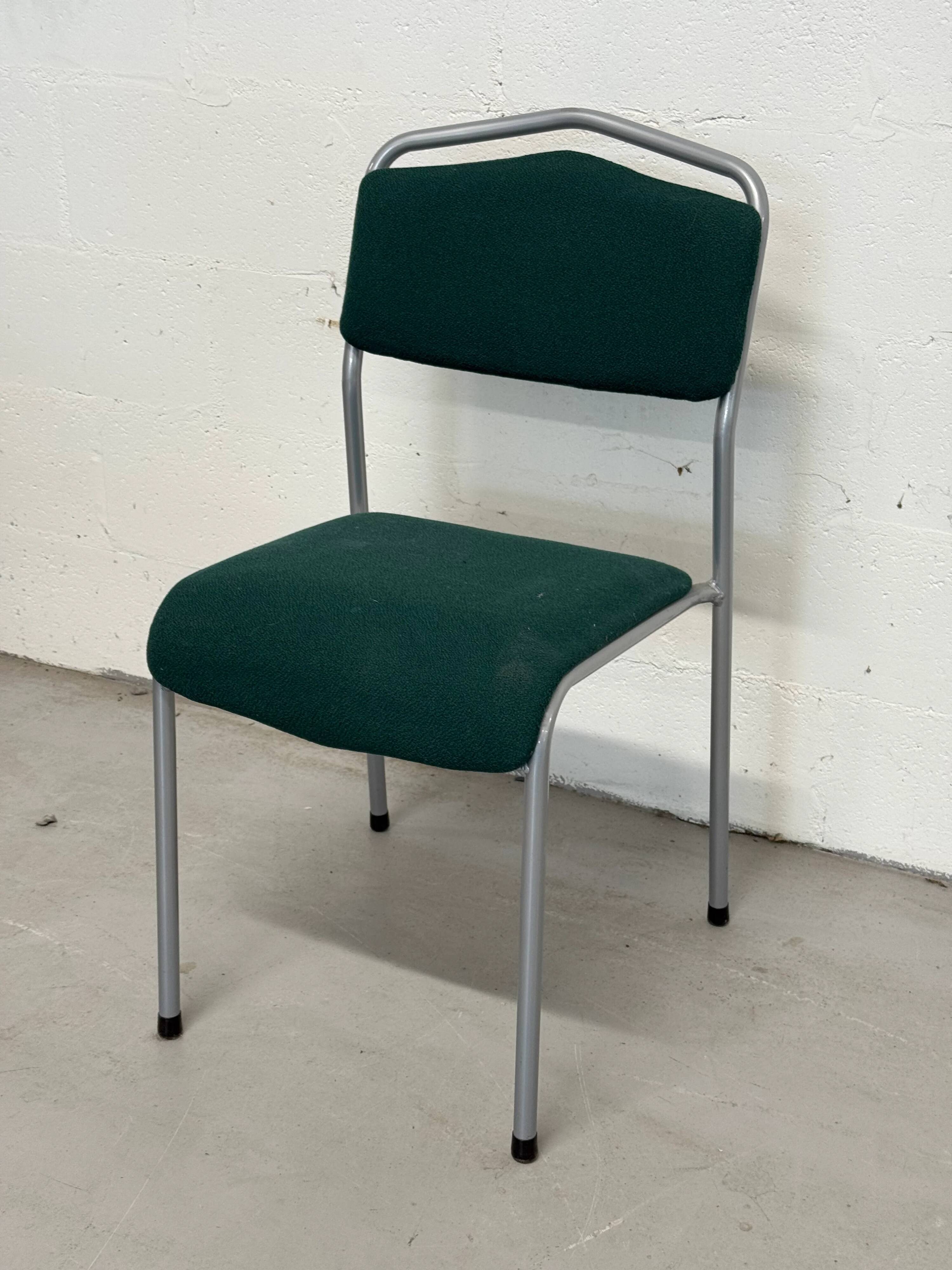 Set of 5 green padded vintage stackable chairs.