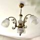 Three-light chandelier in gilded brass and porcelain, Art Nouveau style, 1970.