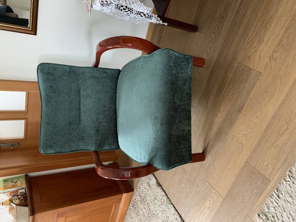 Art Deco green armchair in fabric and wood, 1920s, restored and reupholstered.