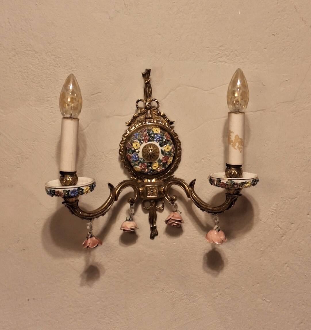 Mid century Spanish Boho ceramic and brass wall light