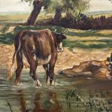 Oil by Lhopin or Hopin signature to identify woman cows Barbizon late 19th century