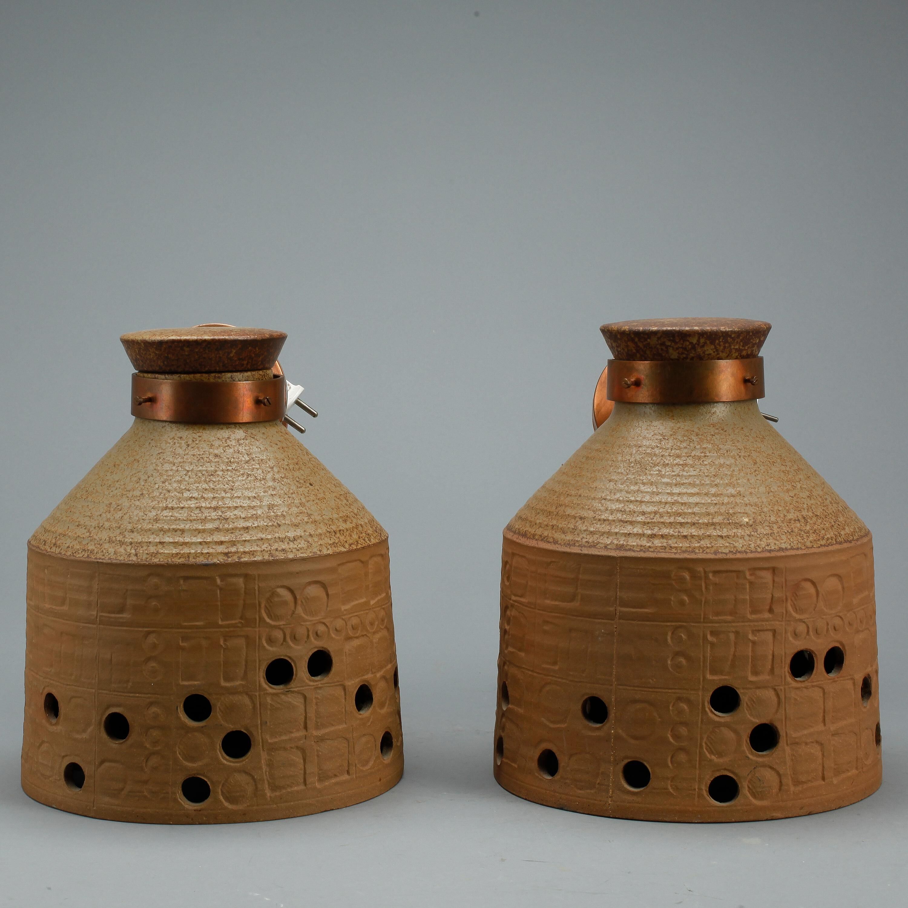 Unique ceramic and copper wall lights by Lisa Larson, Studioarbete Gustavsberg, Sweden, 1960.