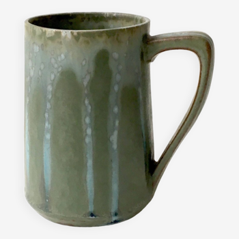 Denbac art nouveau mug, signed, green-blue flamed stoneware, 1930s