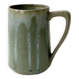 Denbac art nouveau mug, signed, green-blue flamed stoneware, 1930s