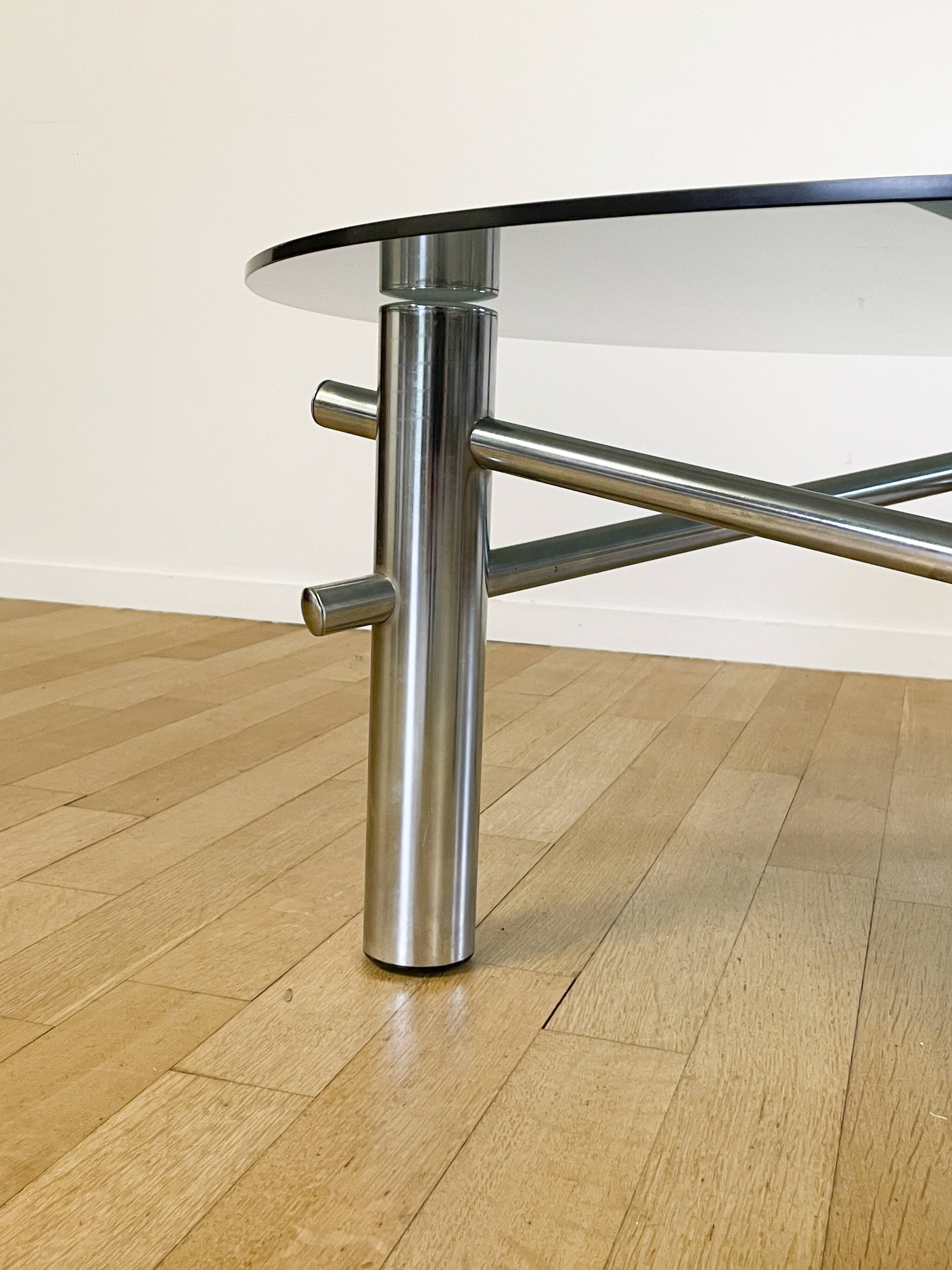 Round coffee table in chrome and smoked glass, 1970s