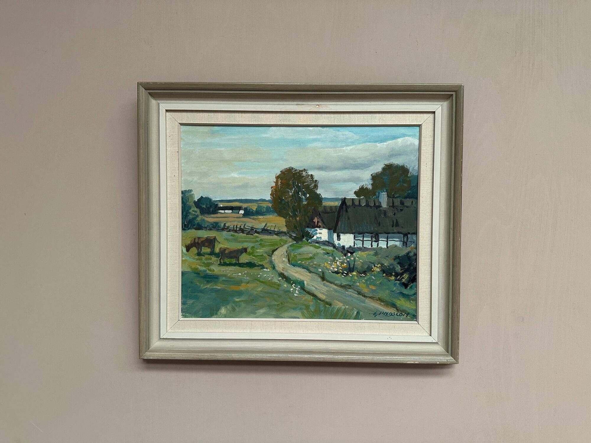 Swedish Oil on Canvas – “Farms with Grazing Cows” by Hjalmar Lindblom