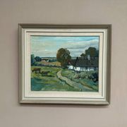 Swedish Oil on Canvas – “Farms with Grazing Cows” by Hjalmar Lindblom