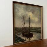 Peinture à l'huile de voilier vintage signée