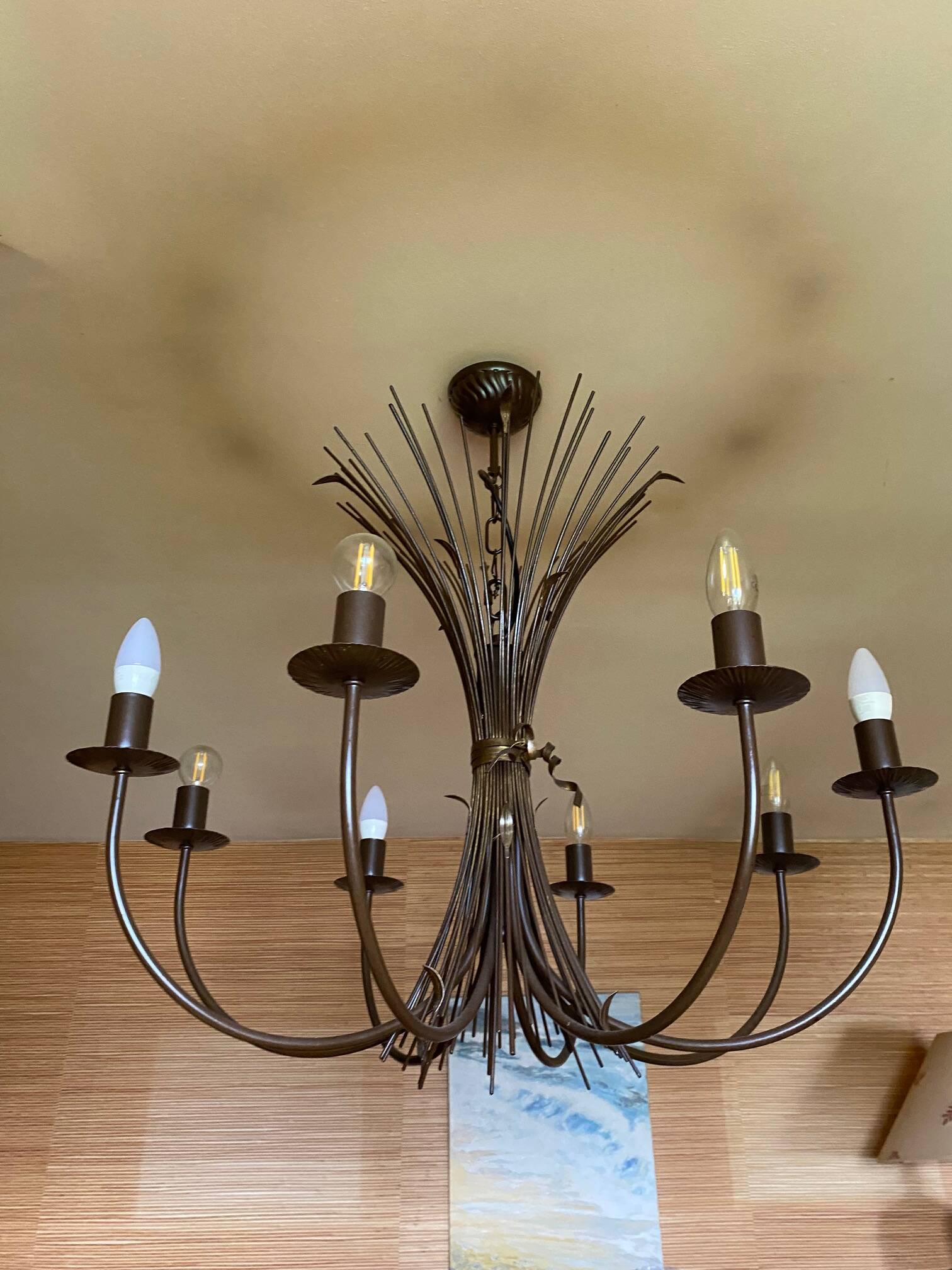 Grand lustre gerbe de ble en fer forge 8 feux