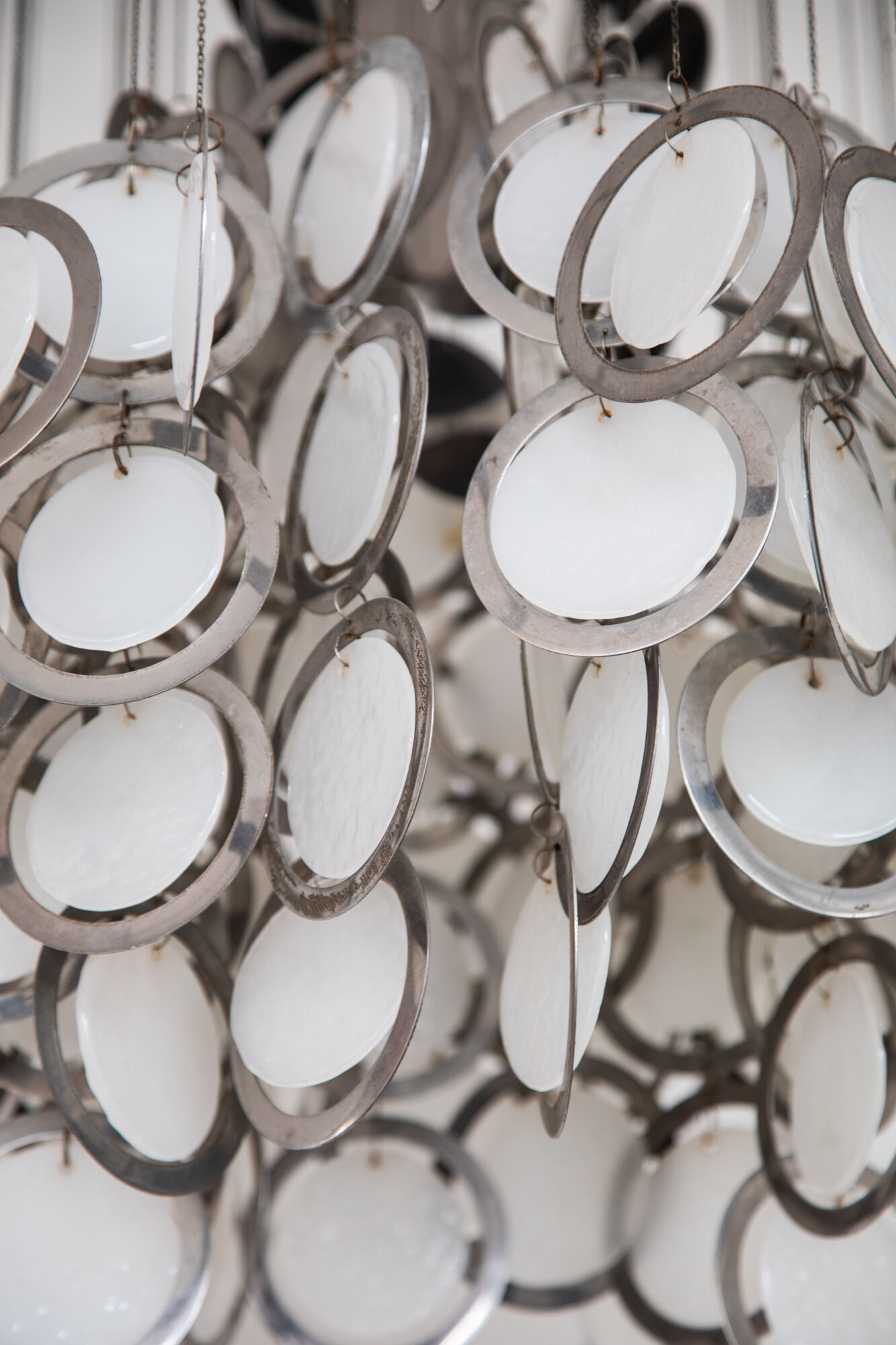 Vistosi opal glass and chrome discs Chandelier, Murano, Italy, 1960