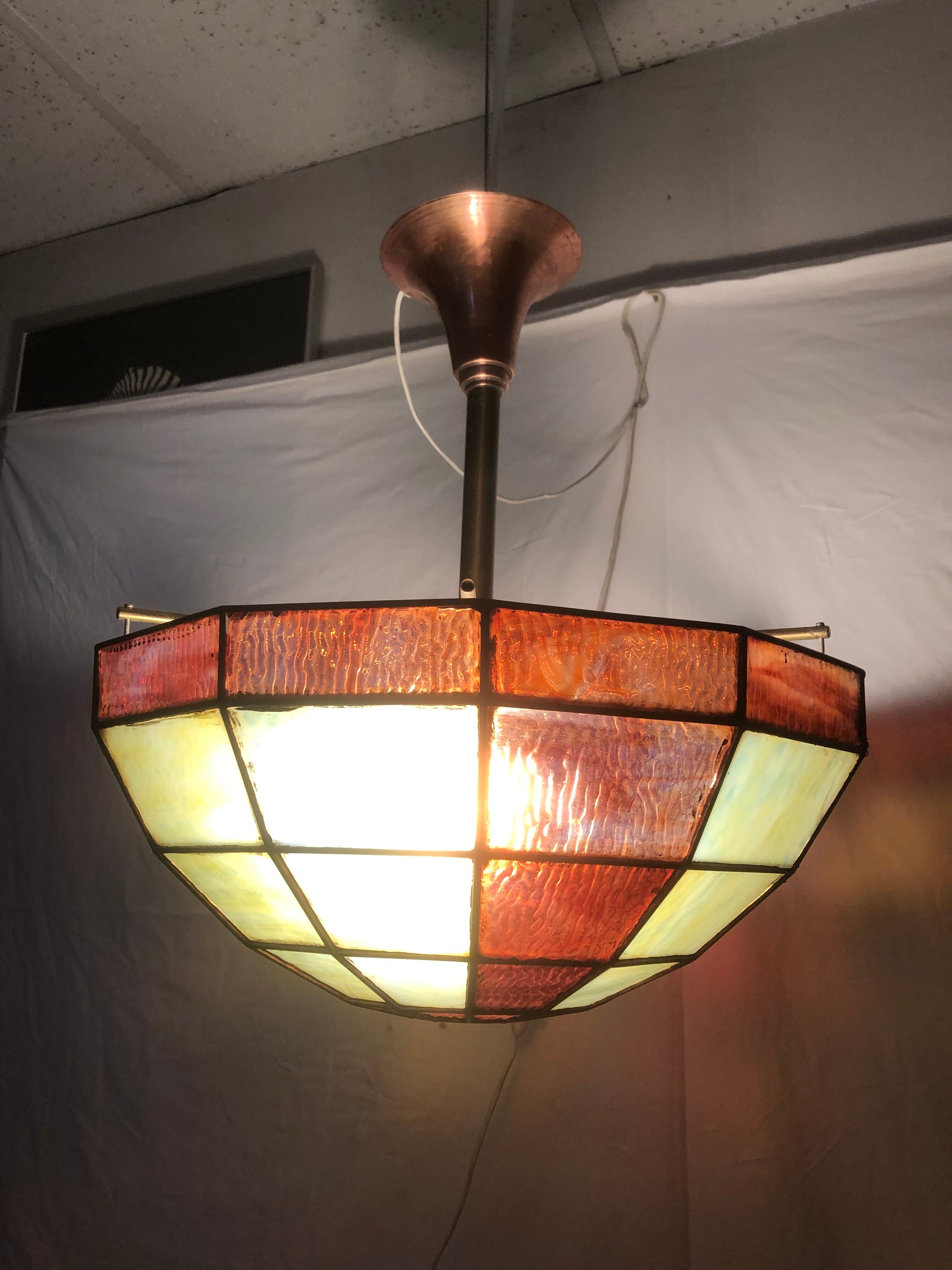 Lustre art déco pâte de verre façon vitrail 1930