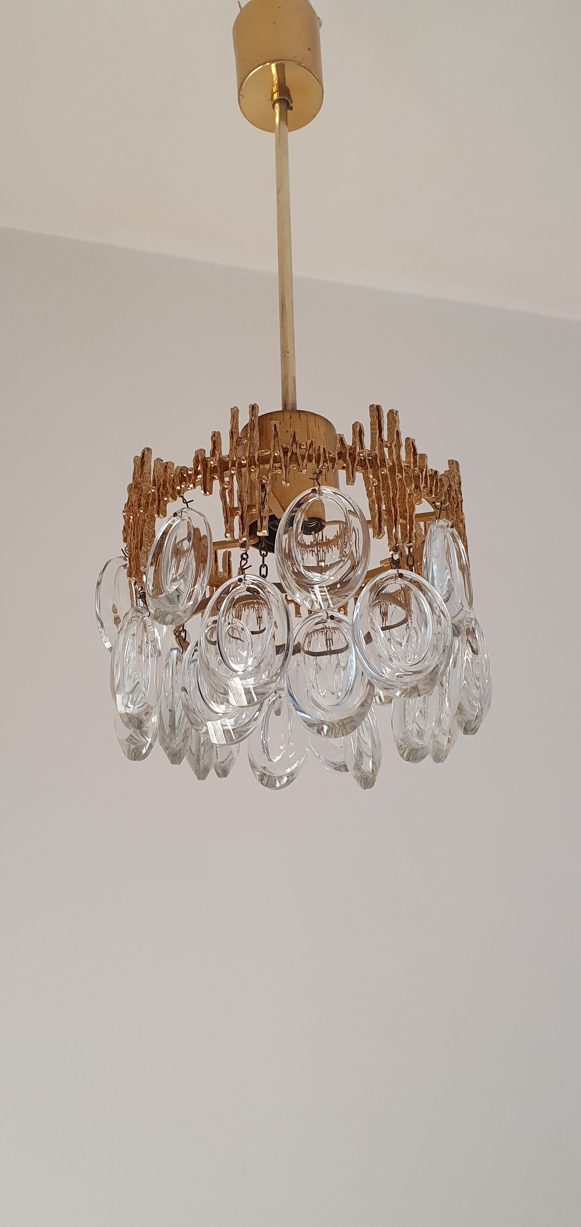 Small brass brutalist chandelier with crystal stamps