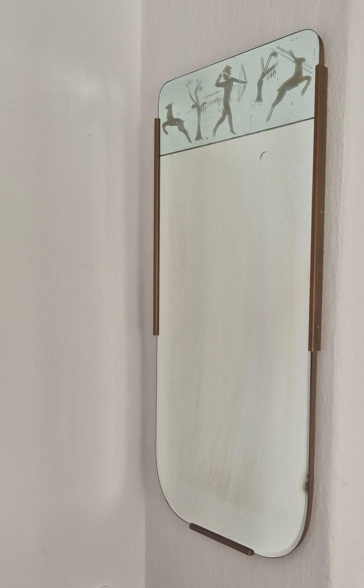 Rare Swedish Grace Mirror with etched decor of Huntress Diana with deers.