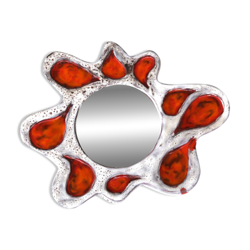 Wall mirror in orange and grey ceramic, Vallauris 1960s.